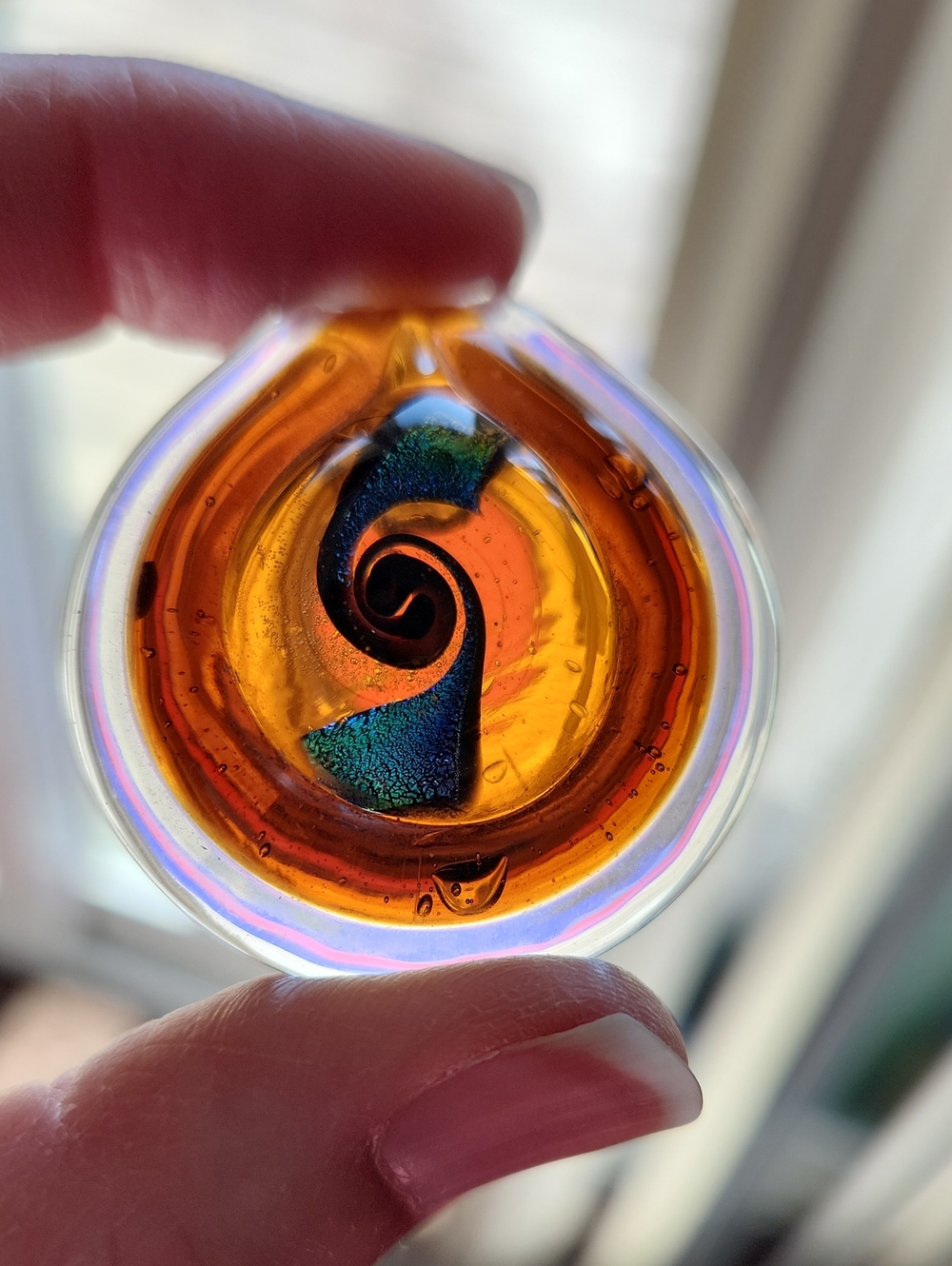 Handblown Art Glass Pendant with Iridescent Blue Spiral